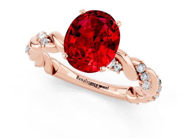 Rose gold Oval Cut Ruby Solitaire Ring with Twisted Band and Pavé Accents