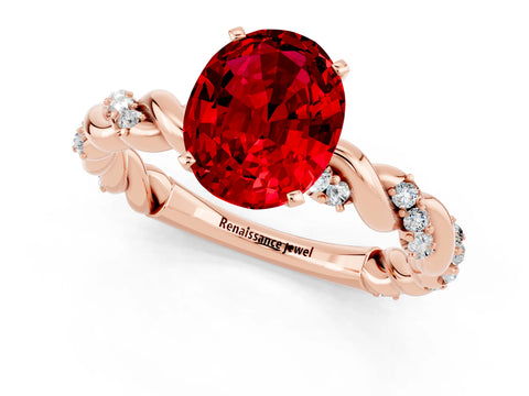Rose gold Oval Cut Ruby Solitaire Ring with Twisted Band and Pavé Accents_1