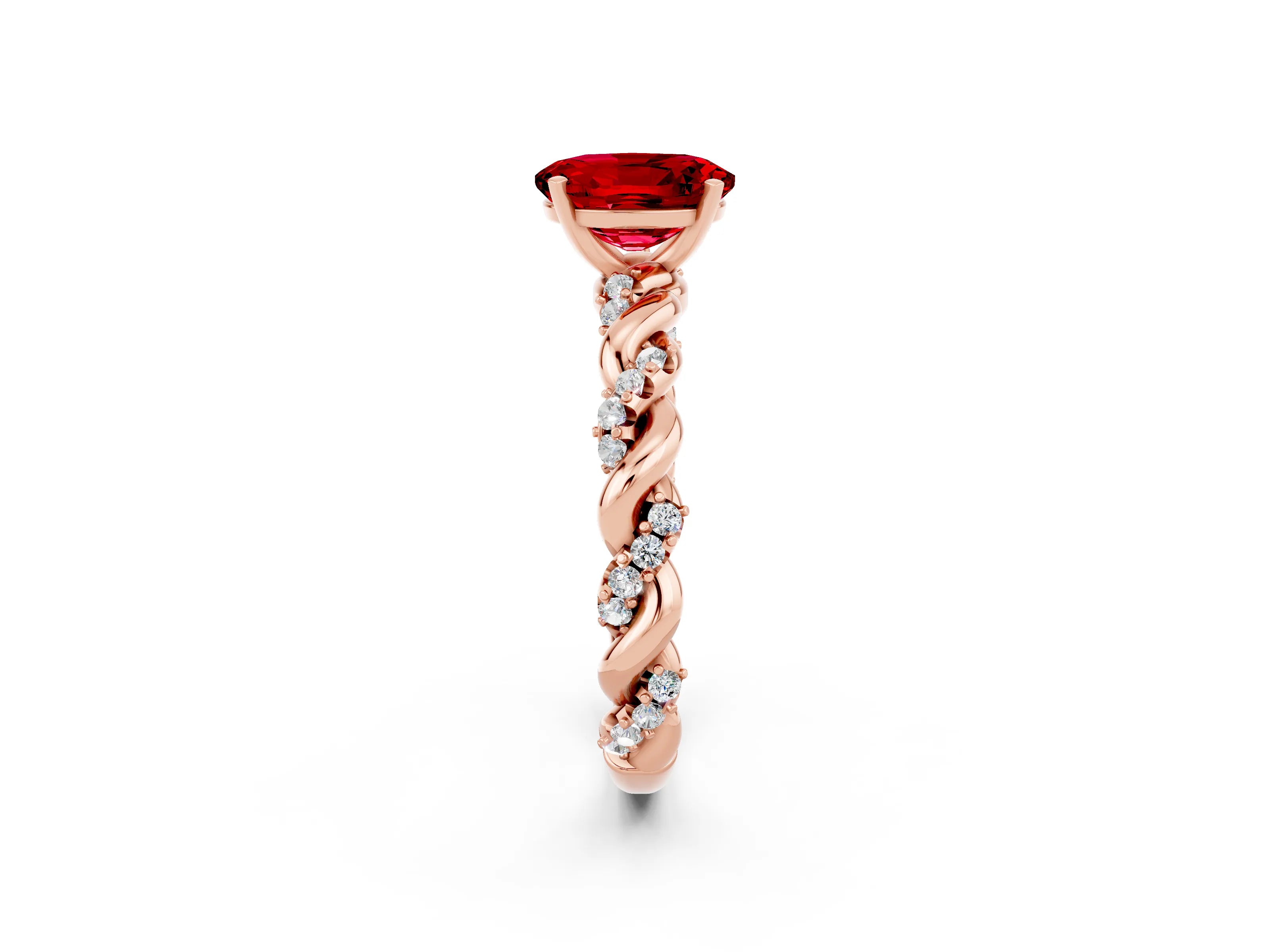 Rose gold Oval Cut Ruby Solitaire Ring with Twisted Band and Pavé Accents_2