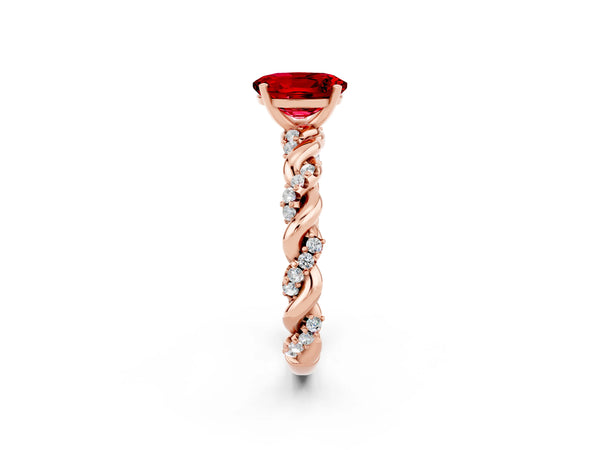 Rose gold Oval Cut Ruby Solitaire Ring with Twisted Band and Pavé Accents