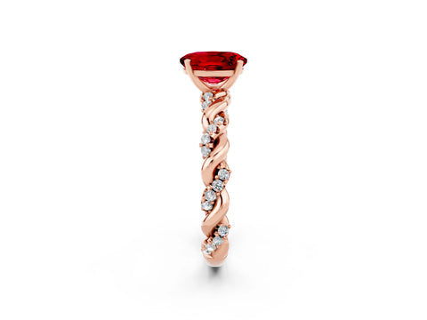 Rose gold Oval Cut Ruby Solitaire Ring with Twisted Band and Pavé Accents_2