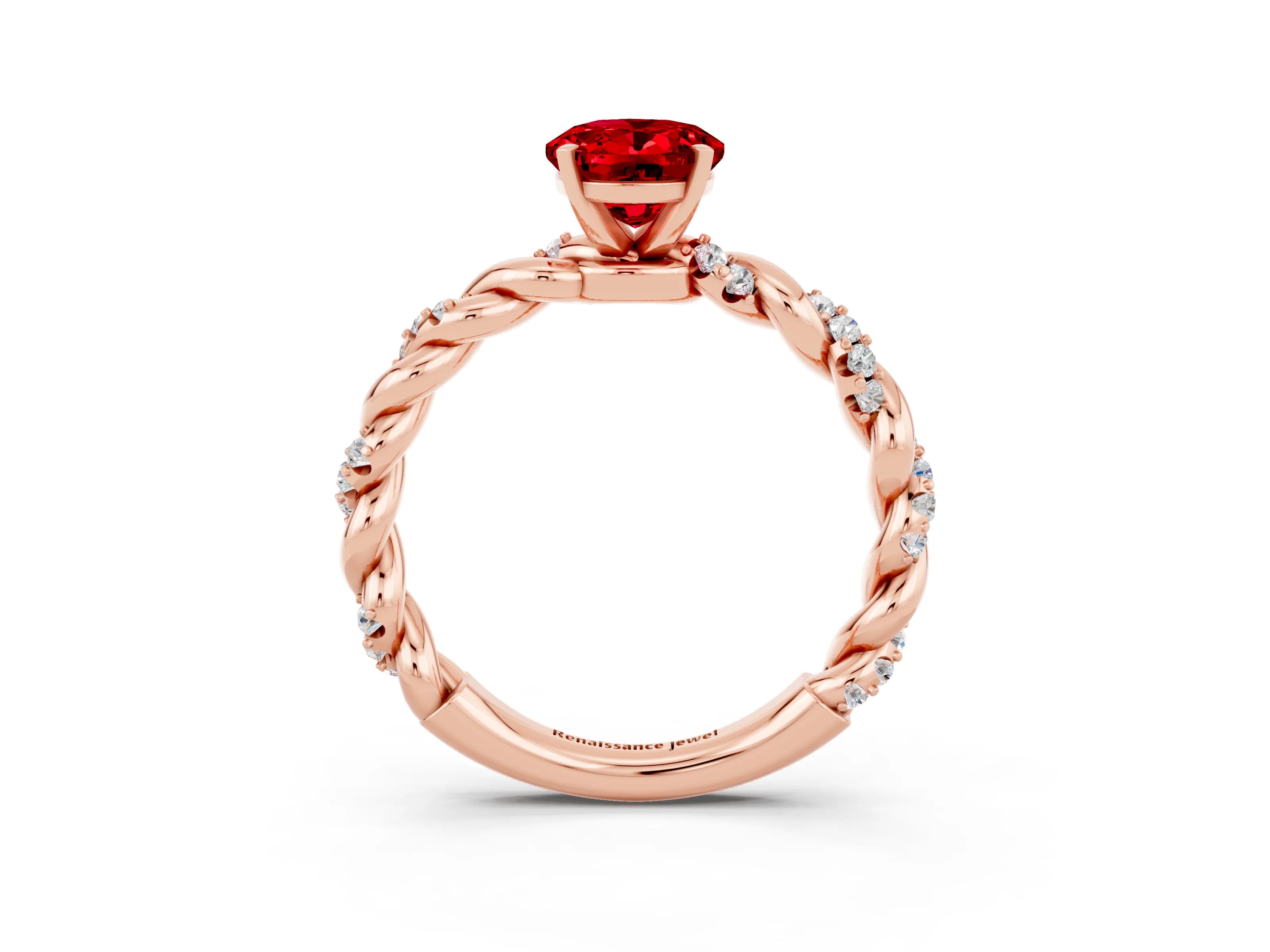 Rose gold Oval Cut Ruby Solitaire Ring with Twisted Band and Pavé Accents_3