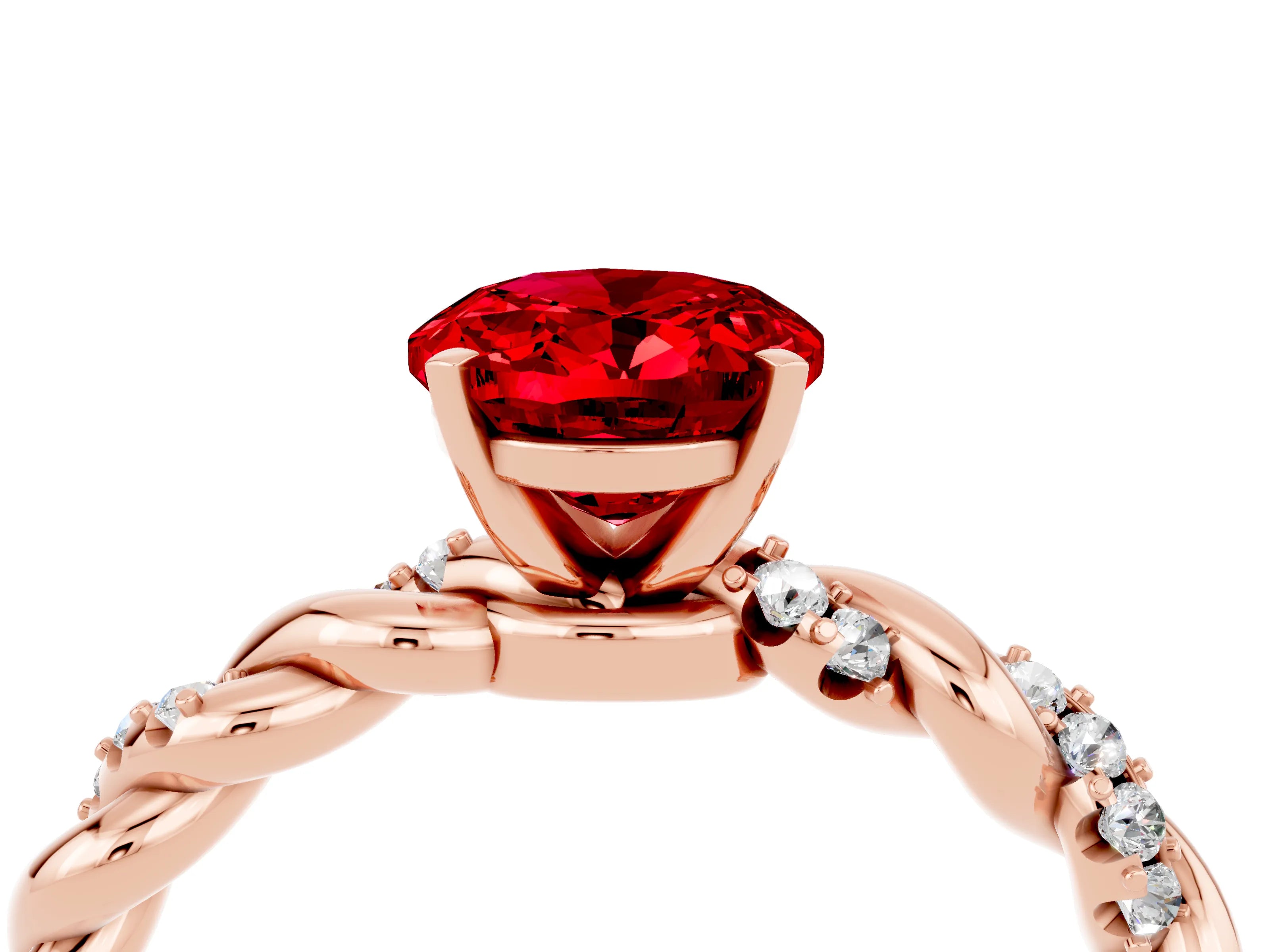 Rose gold Oval Cut Ruby Solitaire Ring with Twisted Band and Pavé Accents_4