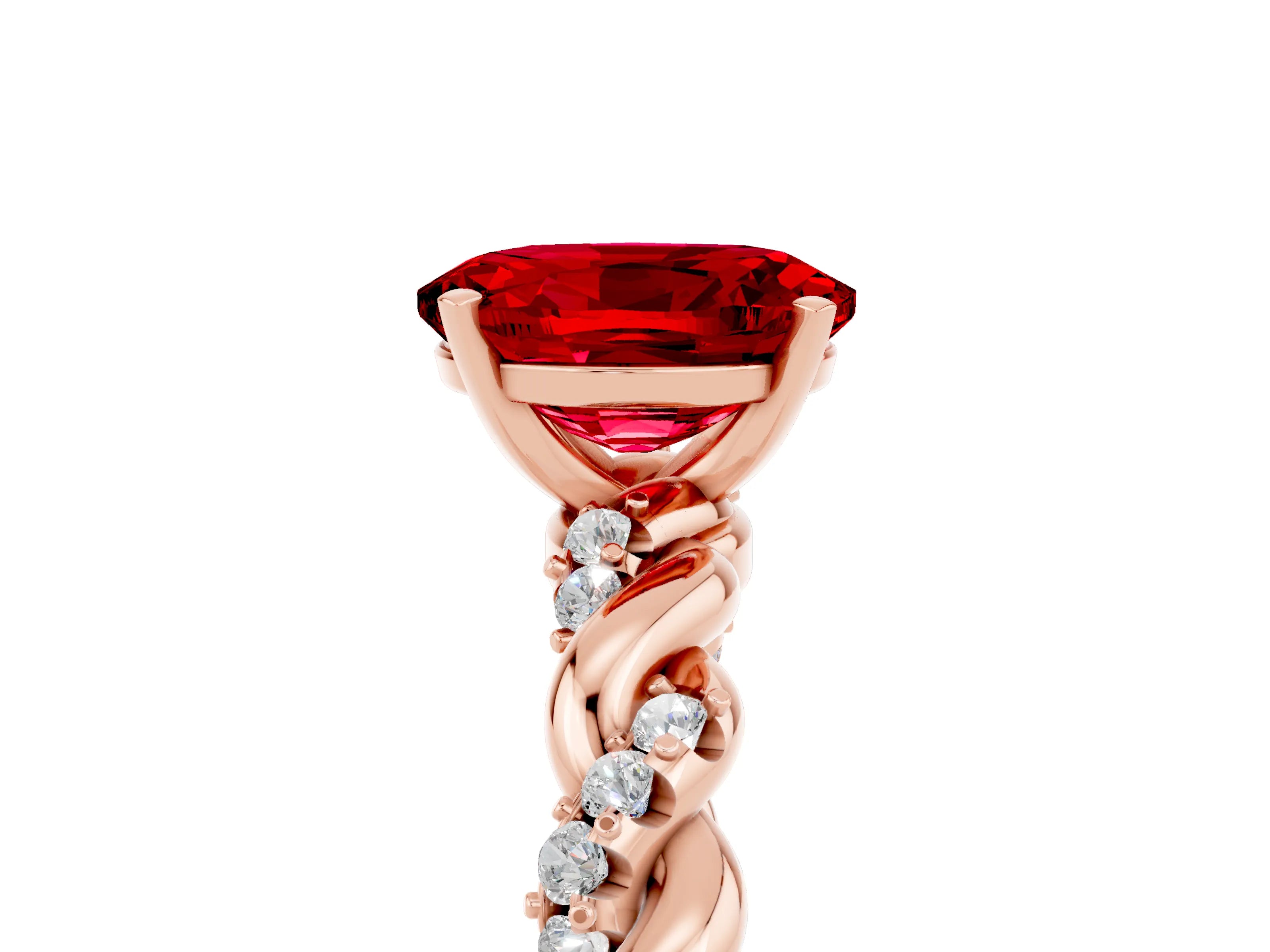 Rose gold Oval Cut Ruby Solitaire Ring with Twisted Band and Pavé Accents_5