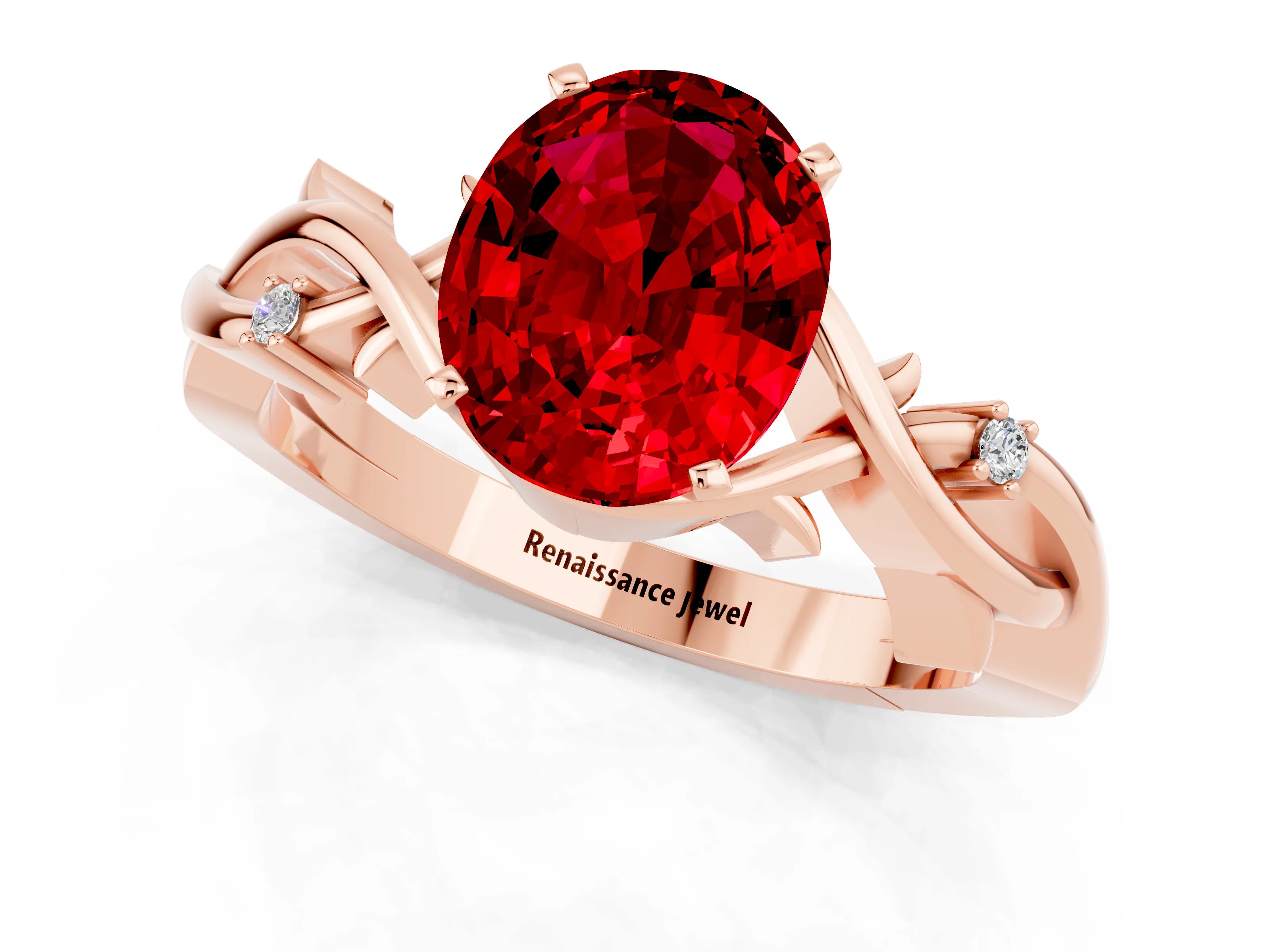 Rose gold Oval Cut Ruby Solitaire Ring with Twisted Band and Prong Setting_1