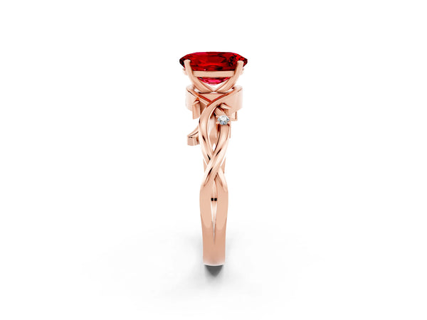 Rose gold Oval Cut Ruby Solitaire Ring with Twisted Band and Prong Setting