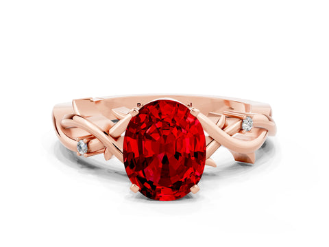 Rose gold Oval Cut Ruby Solitaire Ring with Twisted Band and Prong Setting