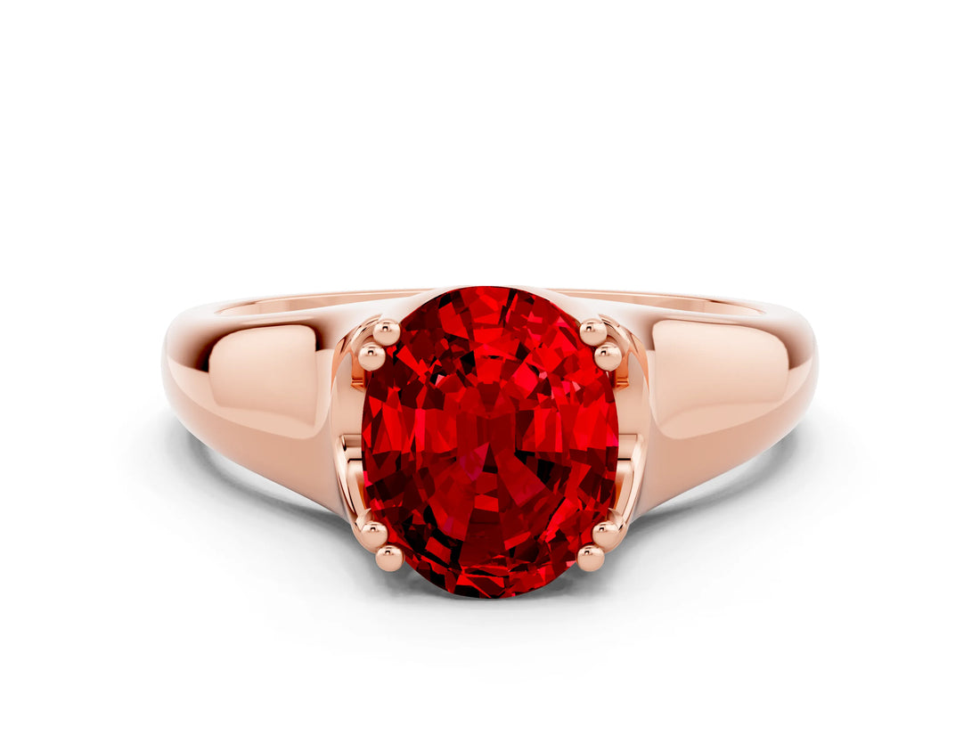 Rose gold Oval Cut Ruby Solitaire Ring with Wide Band and Prong Setting