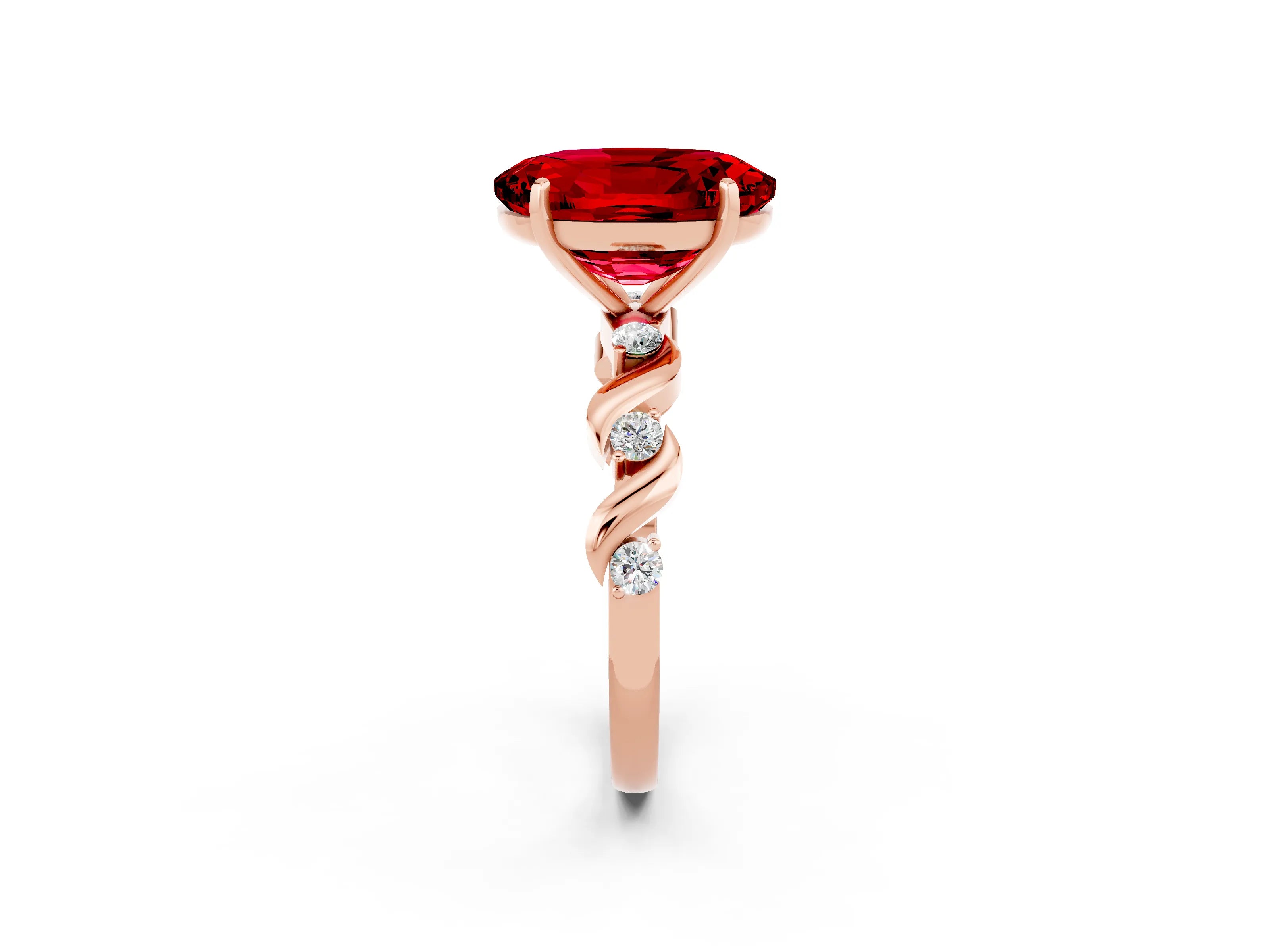 Rose gold Oval Cut Ruby Solitaire Twisted Band with Round  Accents and Prong Setting_14