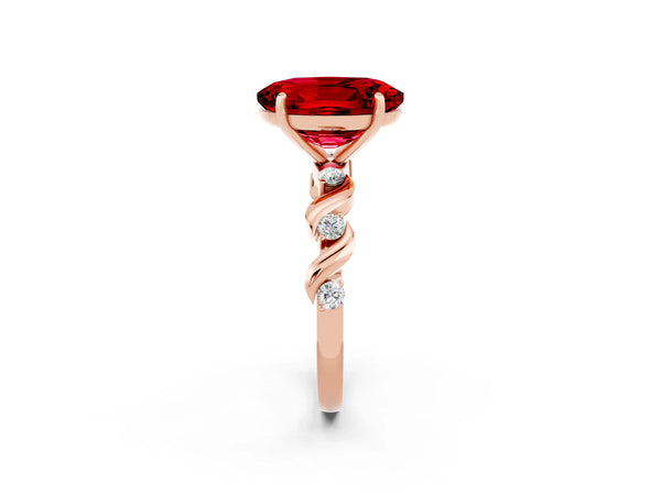 Rose gold Oval Cut Ruby Solitaire Twisted Band with Round  Accents and Prong Setting