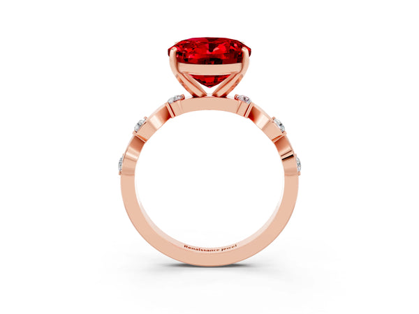Rose gold Oval Cut Ruby Solitaire Twisted Band with Round  Accents and Prong Setting