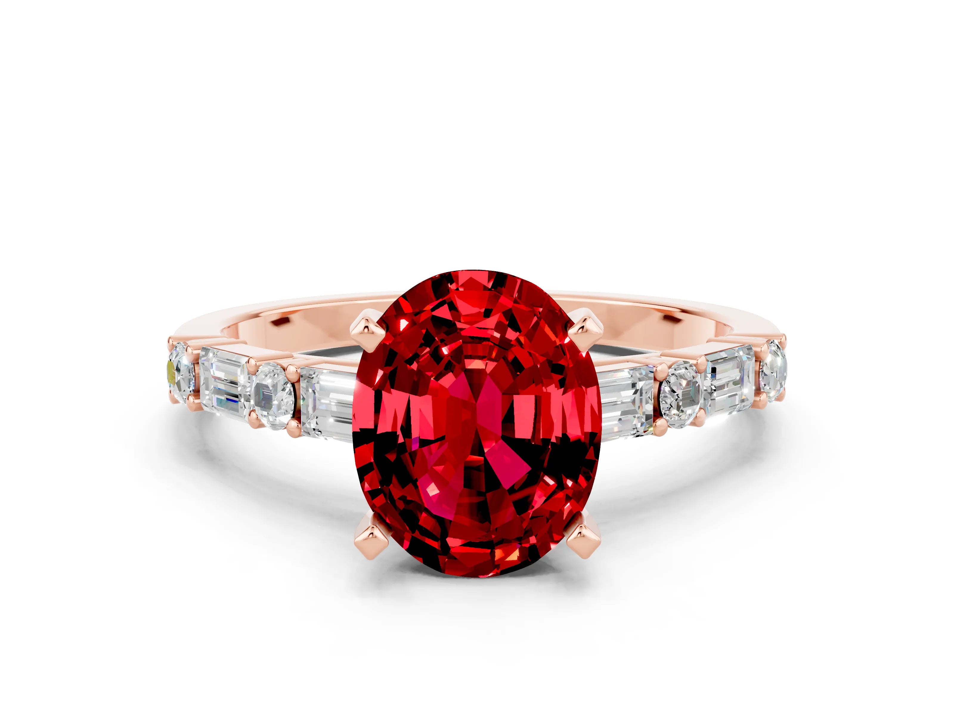 Rose gold Oval Cut Ruby Solitaire with Side Baguettes and Channel Set Band