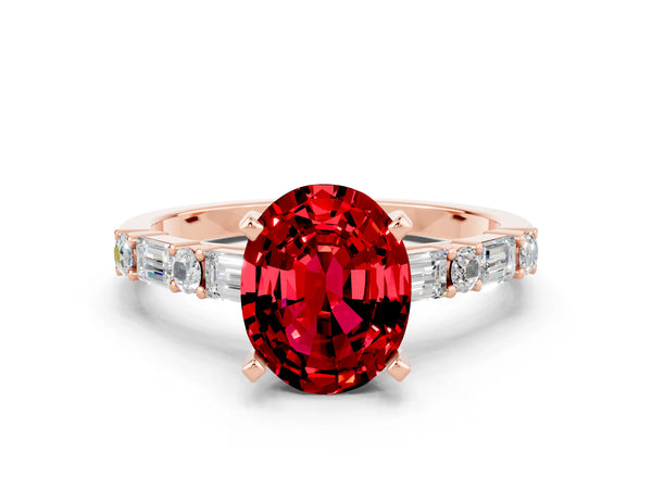 Rose gold Oval Cut Ruby Solitaire with Side Baguettes and Channel Set Band