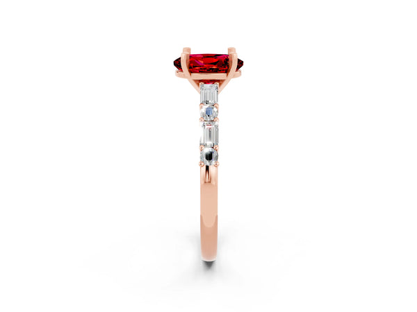 Rose gold Oval Cut Ruby Solitaire with Side Baguettes and Channel Set Band