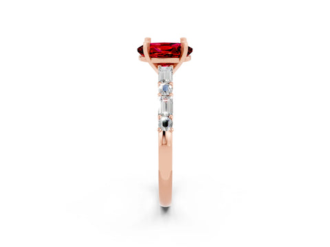 Rose gold Oval Cut Ruby Solitaire with Side Baguettes and Channel Set Band_2