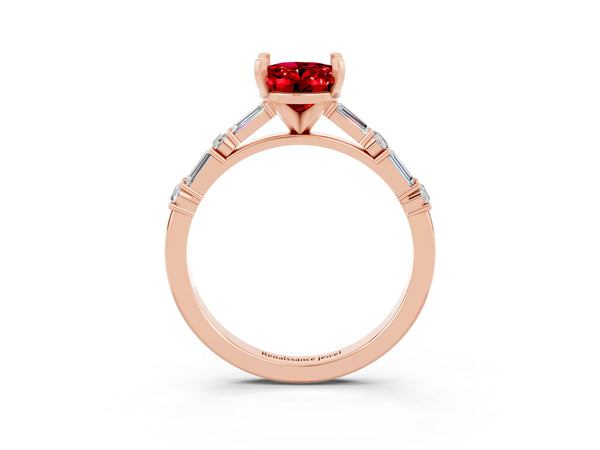 Rose gold Oval Cut Ruby Solitaire with Side Baguettes and Channel Set Band