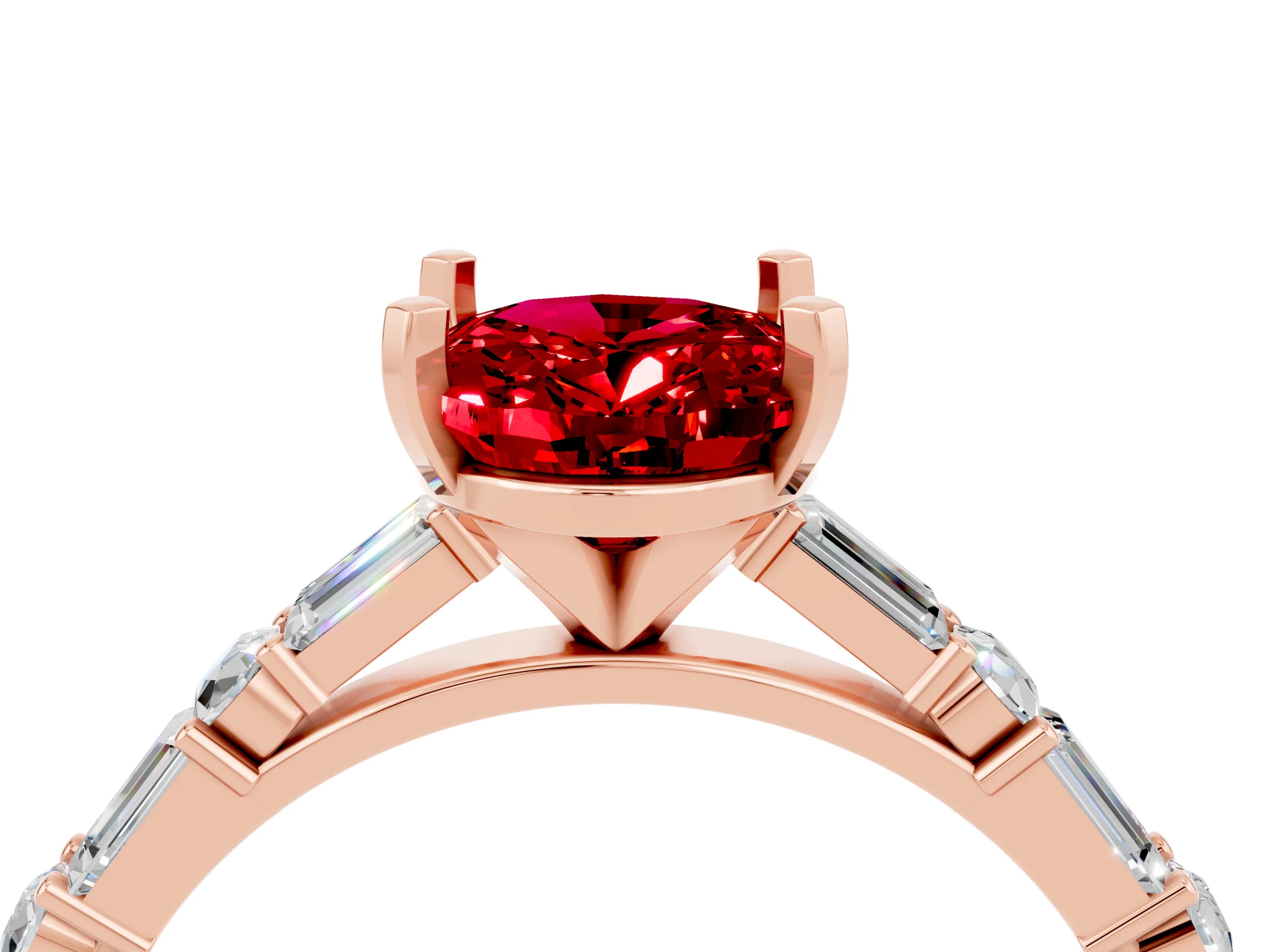 Rose gold Oval Cut Ruby Solitaire with Side Baguettes and Channel Set Band_4
