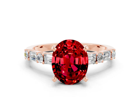 Rose gold Oval Cut Ruby Solitaire with Side Baguettes and Channel Set Band