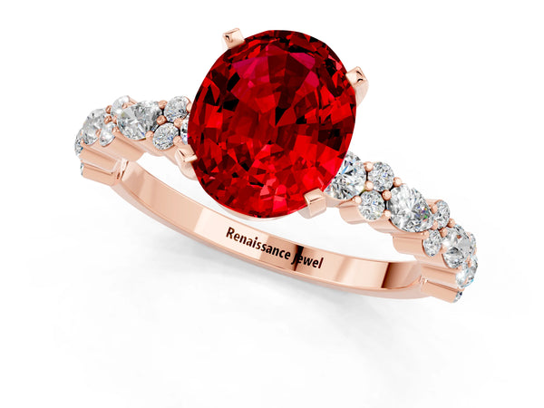 Rose gold Oval Cut Ruby Side Stone Solitaire Ring with Round  and Four-Prong Setting