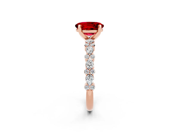 Rose gold Oval Cut Ruby Side Stone Solitaire Ring with Round  and Four-Prong Setting