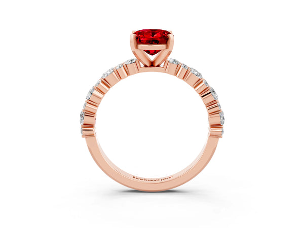 Rose gold Oval Cut Ruby Side Stone Solitaire Ring with Round  and Four-Prong Setting