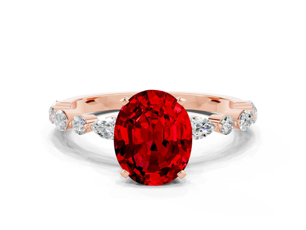 Rose gold Oval Cut Ruby Ring with Marquise and Round  Side Stones and Four-Prong Setting