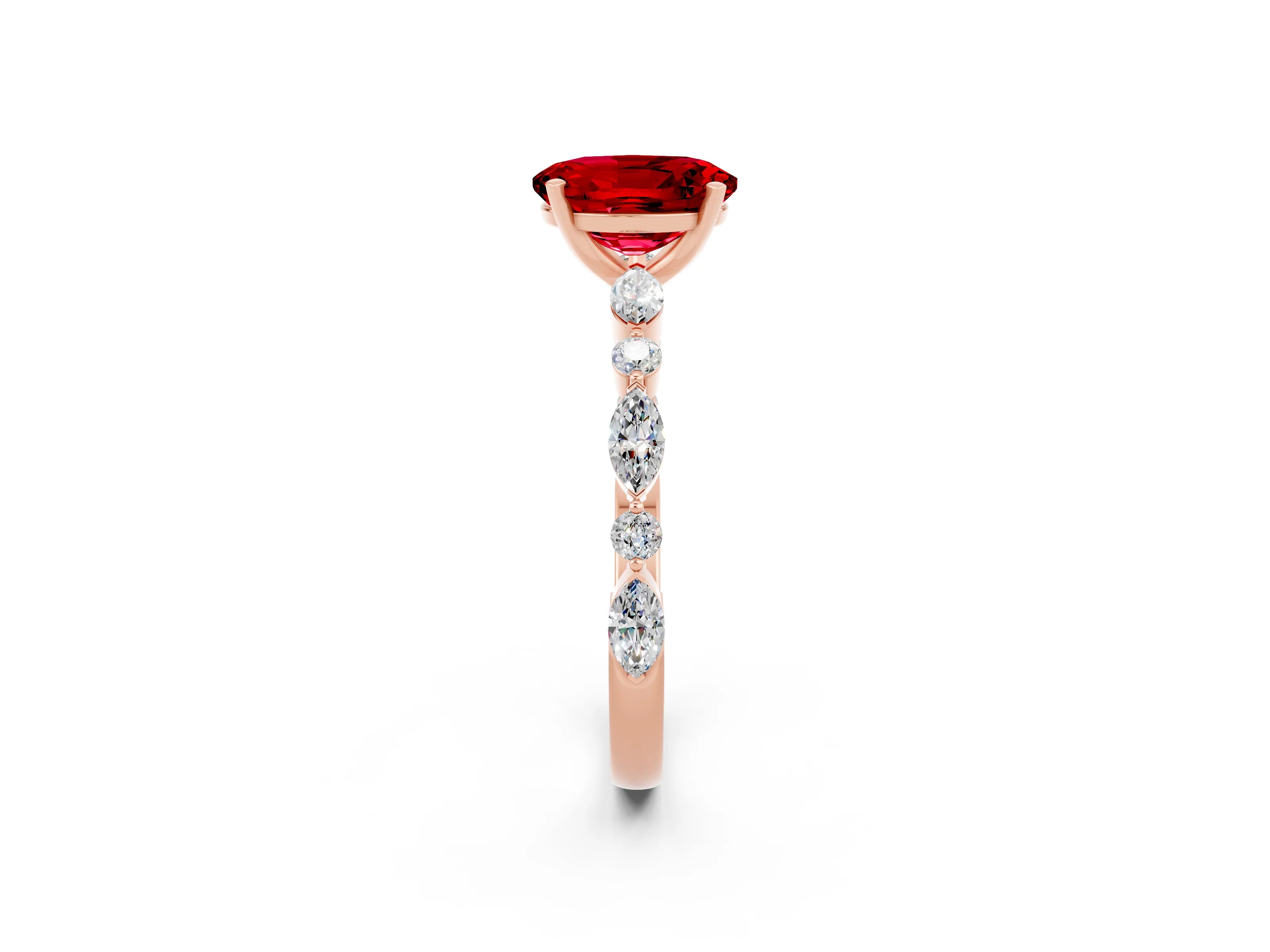 Rose gold Oval Cut Ruby Solitaire with Side Stones on a Pavé Band and Four-Prong Setting_2