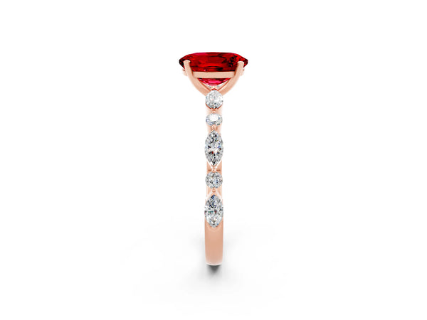 Rose gold Oval Cut Ruby Ring with Marquise and Round  Side Stones and Four-Prong Setting