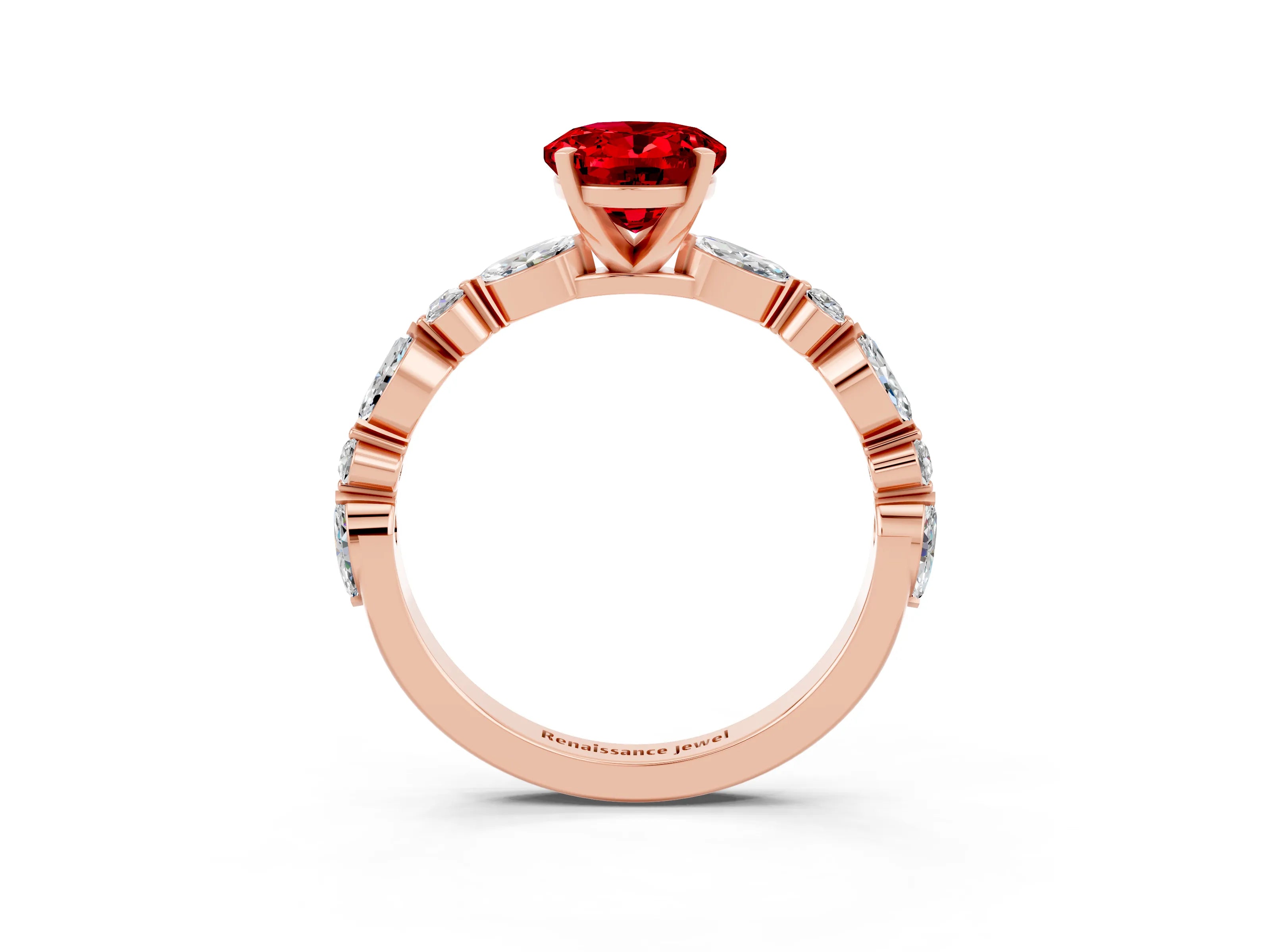 Rose gold Oval Cut Ruby Solitaire with Side Stones on a Pavé Band and Four-Prong Setting_3