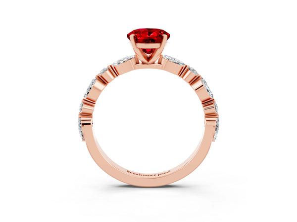 Rose gold Oval Cut Ruby Ring with Marquise and Round  Side Stones and Four-Prong Setting