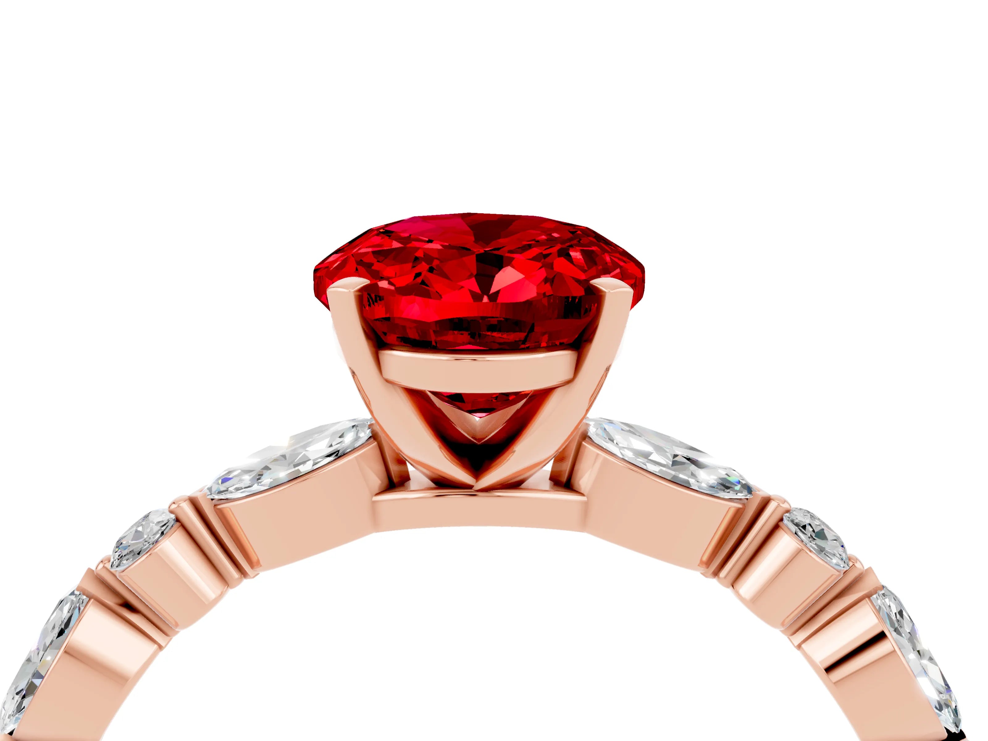 Rose gold Oval Cut Ruby Solitaire with Side Stones on a Pavé Band and Four-Prong Setting_4