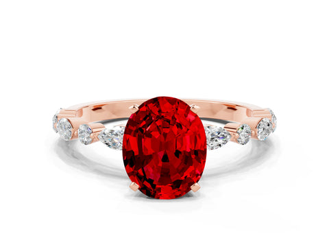 Rose gold Oval Cut Ruby Solitaire with Side Stones on a Pavé Band and Four-Prong Setting