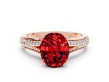 Rose gold Oval Cut Ruby Split Shank Engagement Ring with Pavé Band