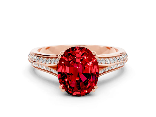 Rose gold Oval Cut Ruby Split Shank Engagement Ring with Pavé Band