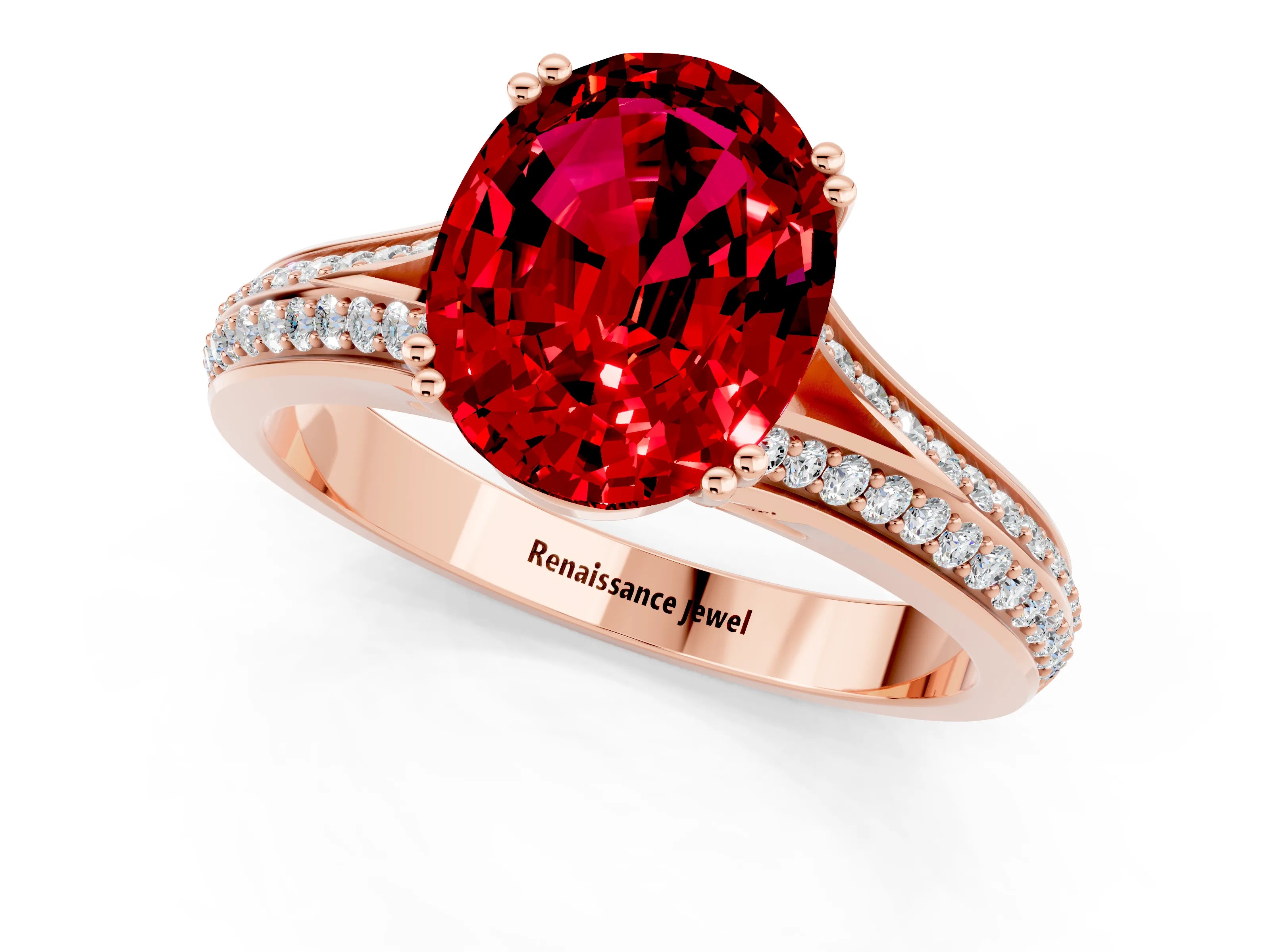 Rose gold Oval Cut Ruby Split Shank Engagement Ring with Pavé Band_1