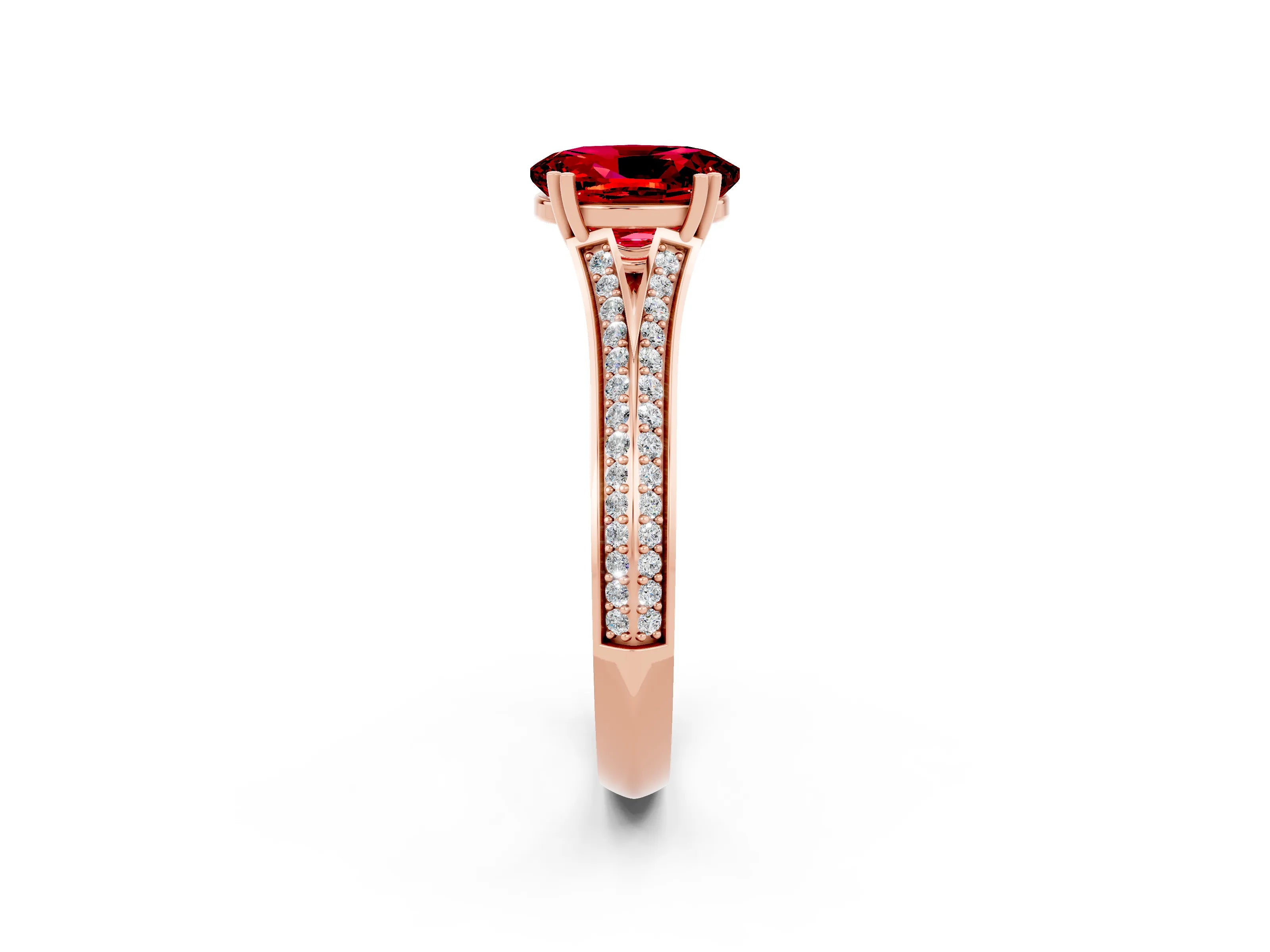 Rose gold Oval Cut Ruby Split Shank Engagement Ring with Pavé Band_2