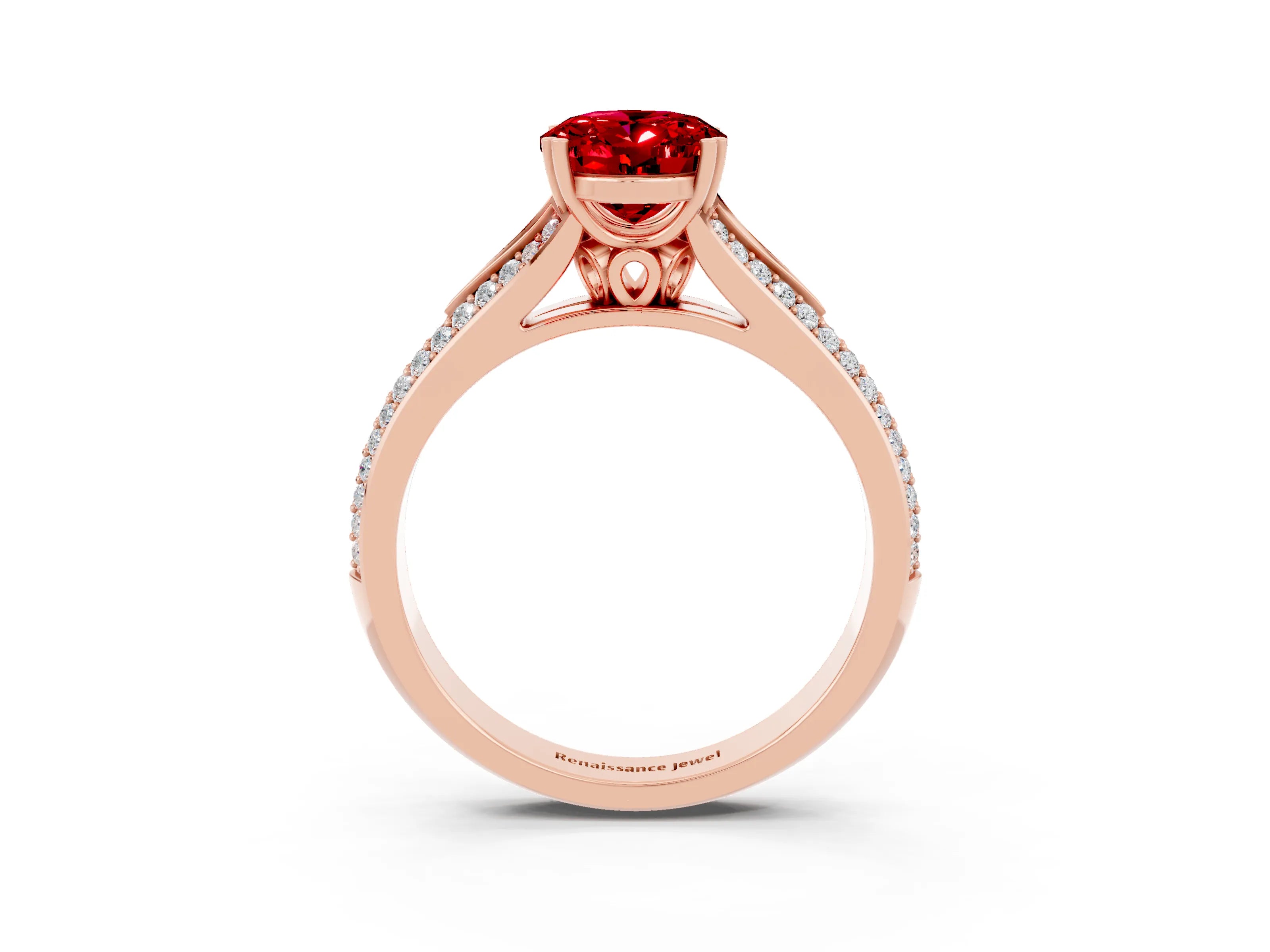 Rose gold Oval Cut Ruby Split Shank Engagement Ring with Pavé Band_3