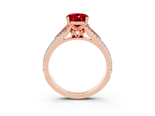 Rose gold Oval Cut Ruby Split Shank Engagement Ring with Pavé Band