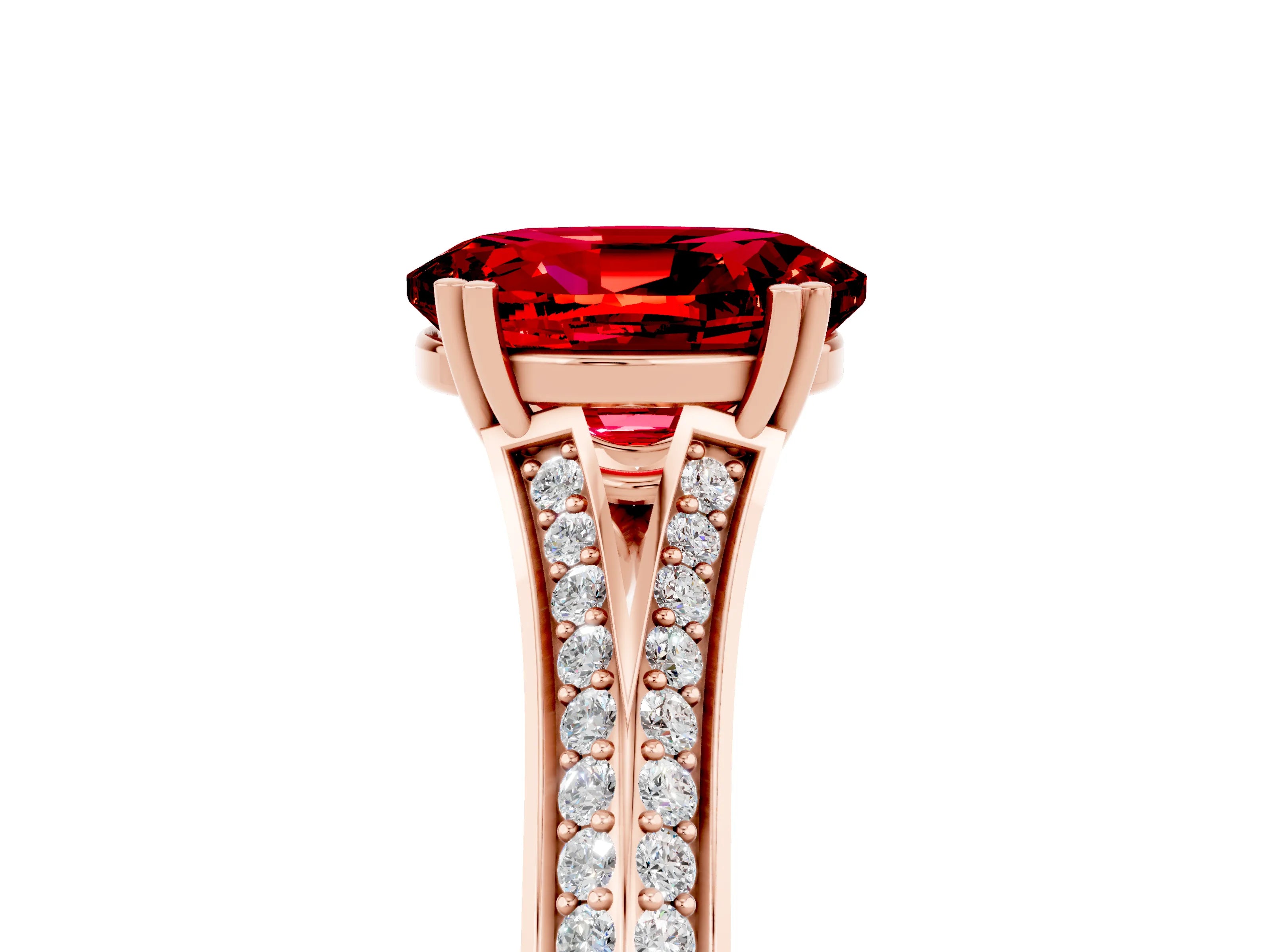 Rose gold Oval Cut Ruby Split Shank Engagement Ring with Pavé Band_5