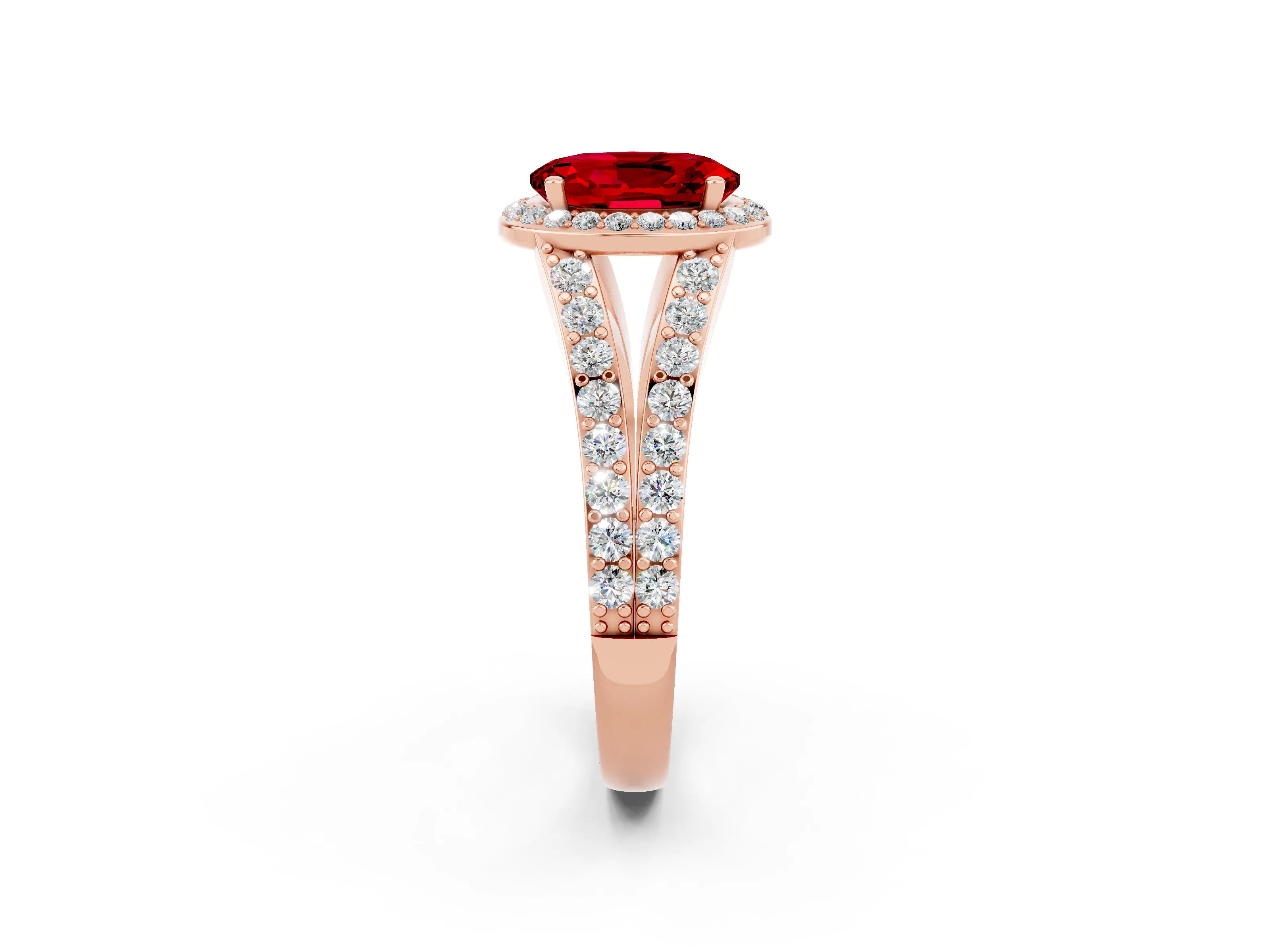 Rose gold Oval Cut Ruby Split Shank Halo Ring with Four-Prong Setting_14