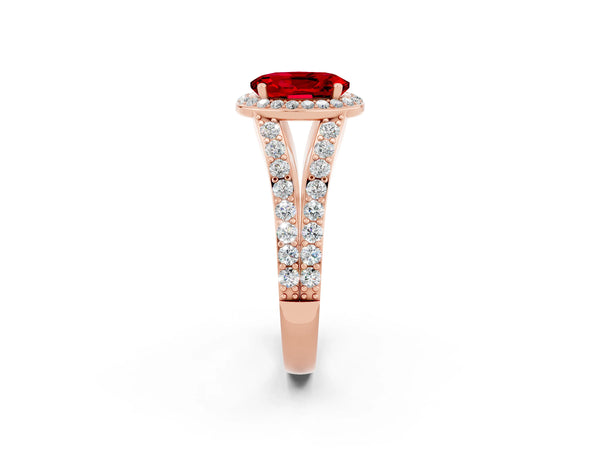 Rose gold Oval Cut Ruby Split Shank Halo Ring with Four-Prong Setting