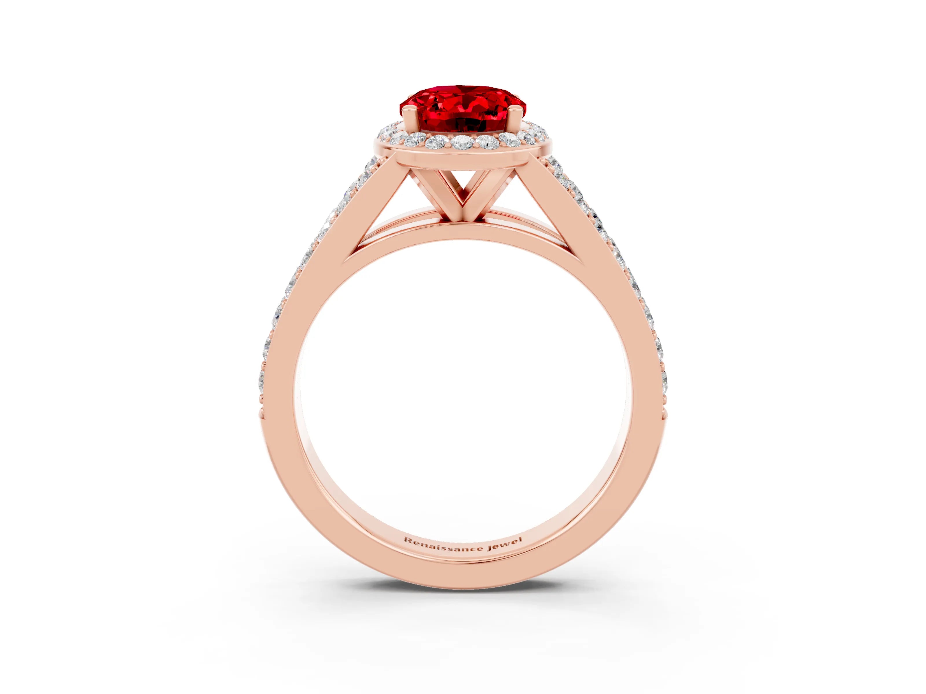 Rose gold Oval Cut Ruby Split Shank Halo Ring with Four-Prong Setting_15