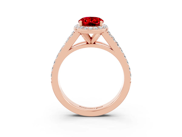 Rose gold Oval Cut Ruby Split Shank Halo Ring with Four-Prong Setting