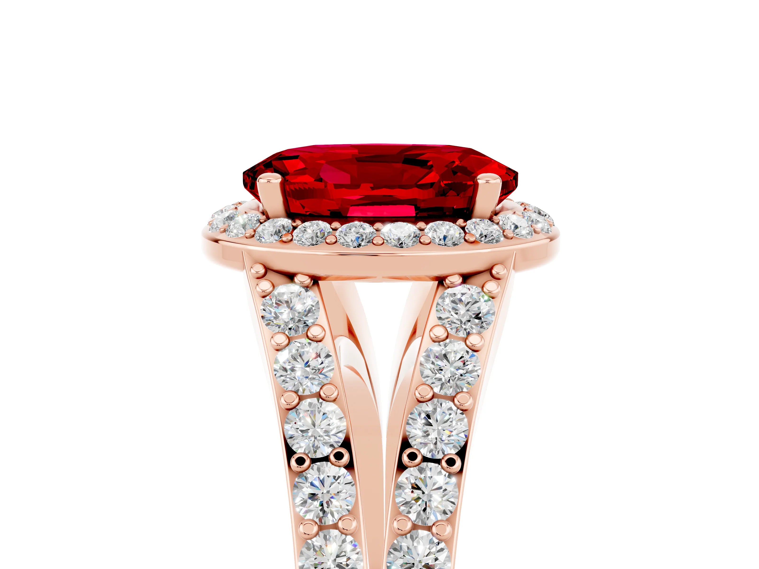 Rose gold Oval Cut Ruby Split Shank Halo Ring with Four-Prong Setting_17