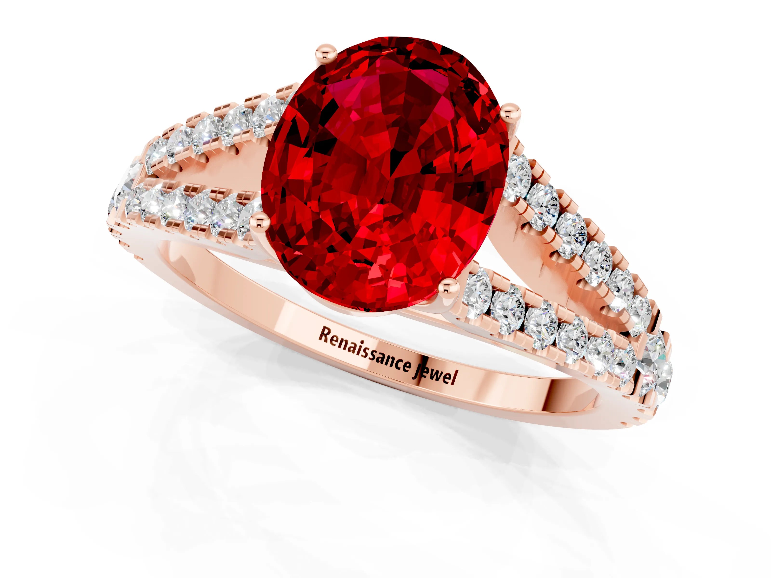 Rose gold Oval Cut Ruby Split Shank Pavé Engagement Ring with Four-Prong Setting_13