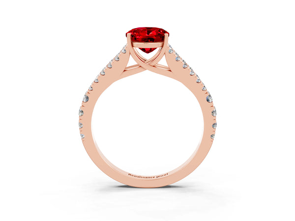 Rose gold Oval Cut Ruby Split Shank Pavé Engagement Ring with Four-Prong Setting
