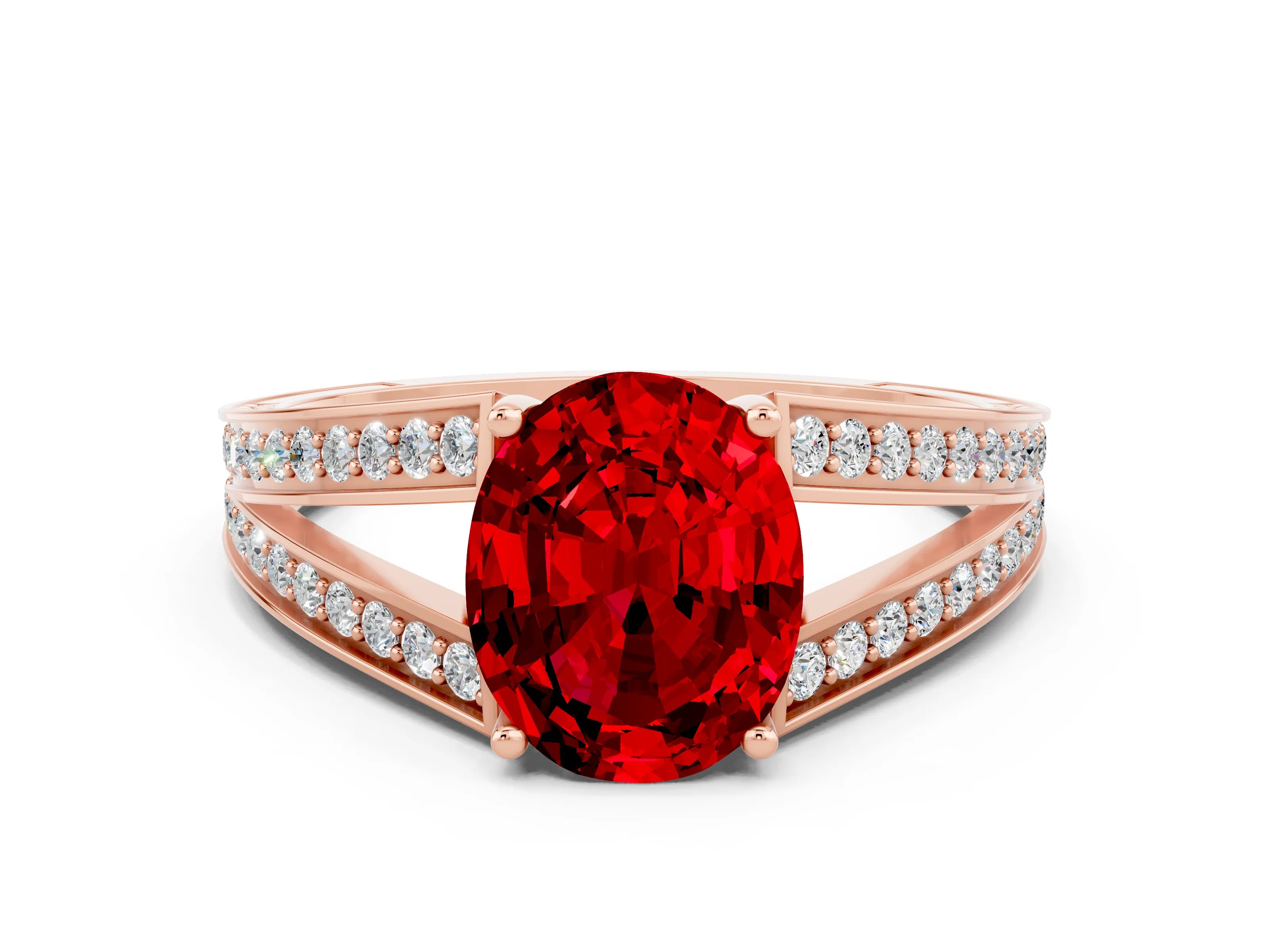 Rose gold Oval Cut Ruby Split Shank Ring with Pavé Band and Four-Prong Setting