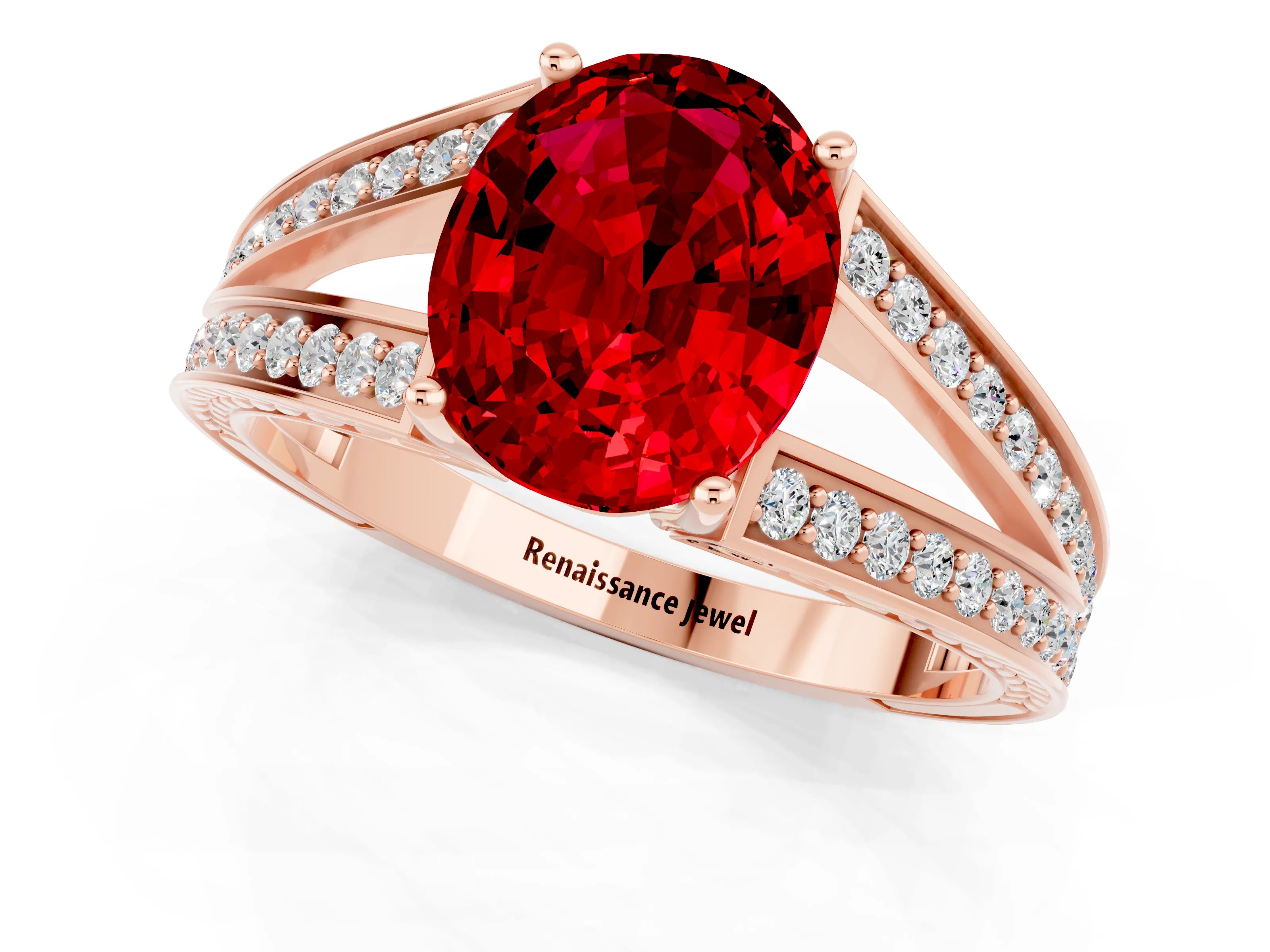 Rose gold Oval Cut Ruby Split Shank Ring with Pavé Band and Four-Prong Setting_1