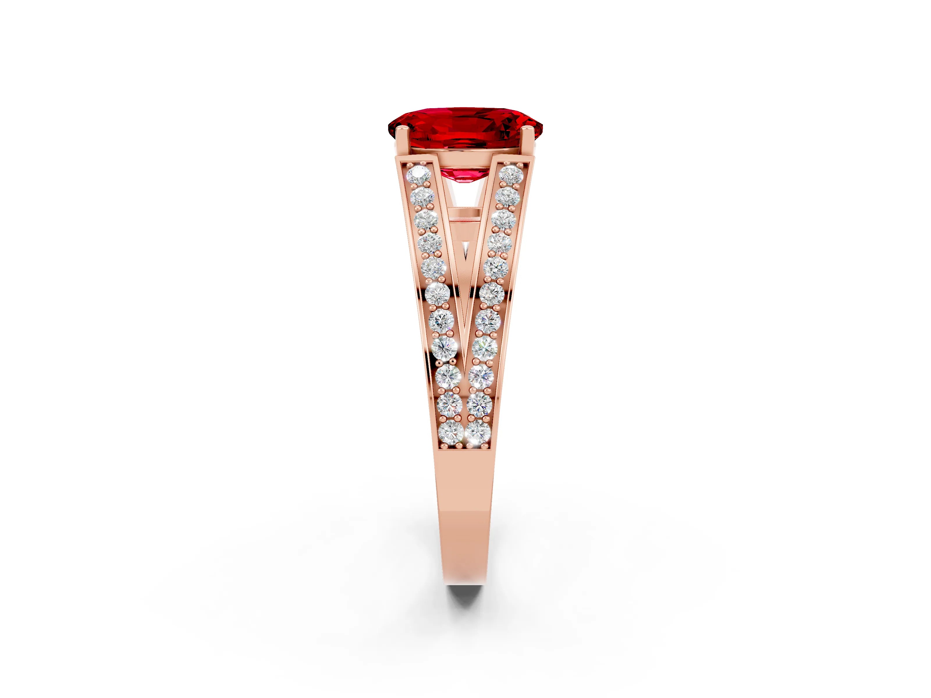 Rose gold Oval Cut Ruby Split Shank Ring with Pavé Band and Four-Prong Setting_2