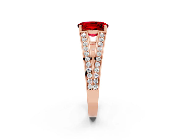 Rose gold Oval Cut Ruby Split Shank Ring with Pavé Band and Four-Prong Setting